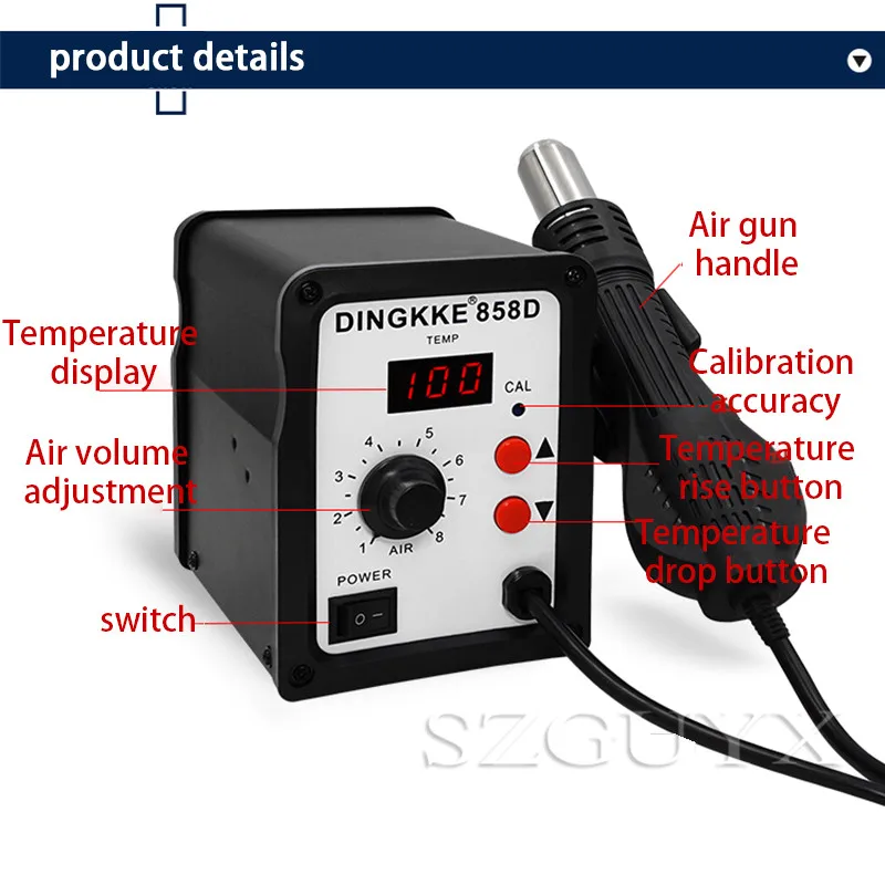 

858D Anti-static Digital Display Hot Air Desoldering Station Spiral Wind Heat Gun Mobile Phone Repair Tool Constant Temperature