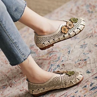 retro genuine leather womens flats summer hollow soft oxford mom casual shoes flower pattern breathable loafers zapatos mujer