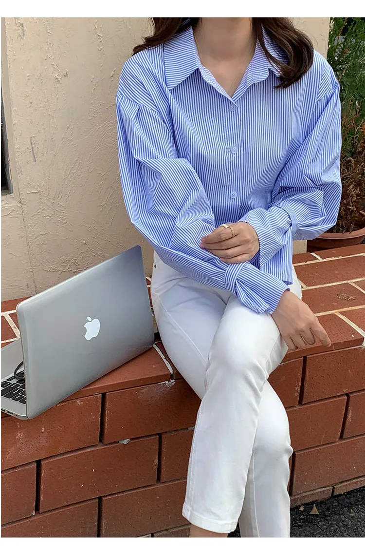 

chic French niche autumn design sense pinstripe loose shirt women's simple inner long-sleeved shirt