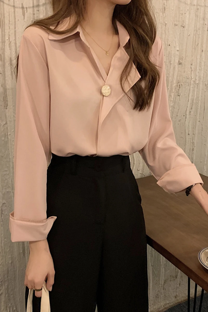 

Autumn Women's Top 2020 New Sweet Small Fresh Solid Color Design Feeling Loose Lapel Long Sleeve Shirt Student Trend