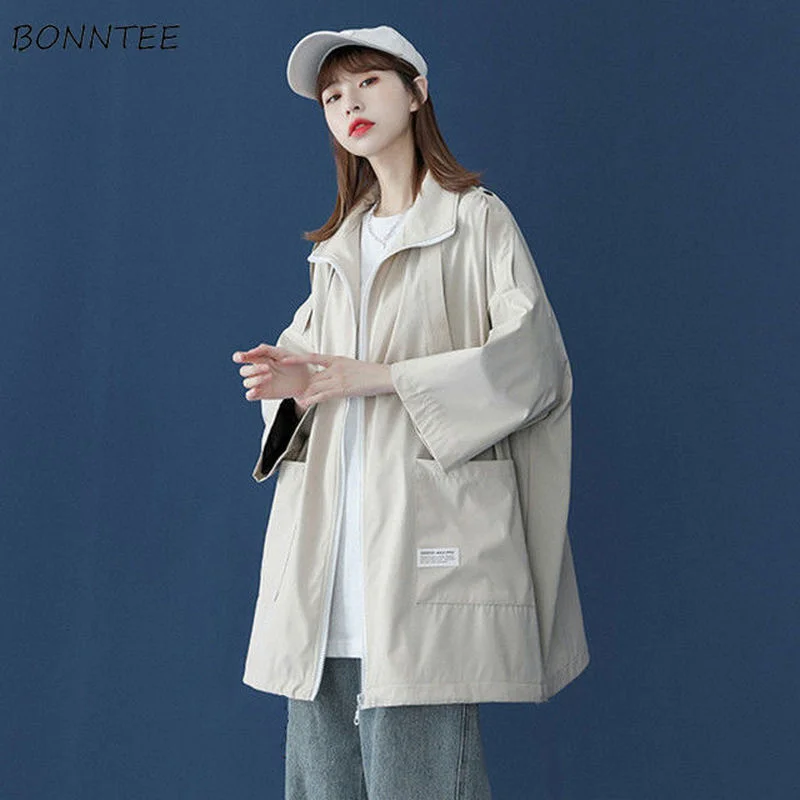 

Jackets Women Pure Color Loose Students Spring Outwear Classic Minimalist Unisex All-match Popular Korean Style Trendy Zipper