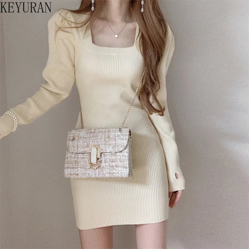 

Соблазнительные облегающие вязаные мини-платья, женское осеннее однотонное платье-карандаш с рукавами-фонариками и квадратным вырезом, че...