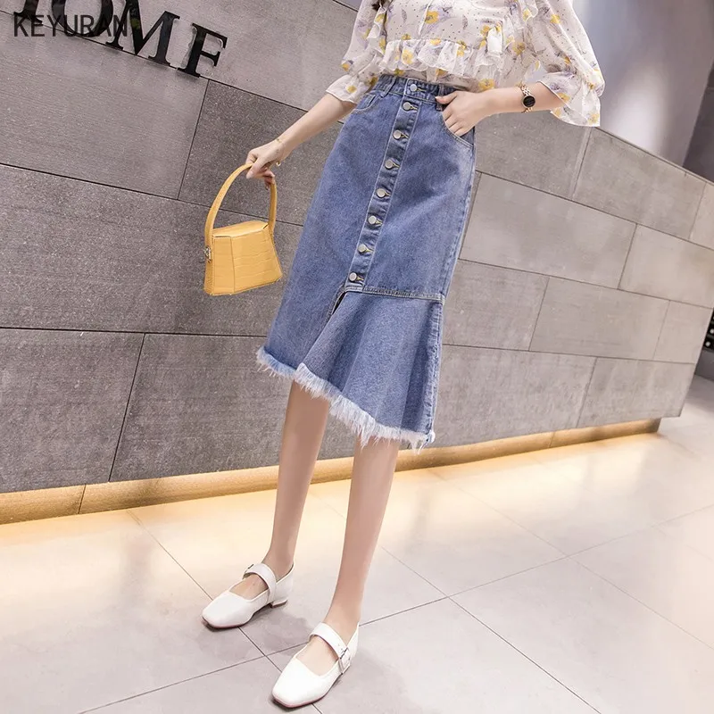 Женская джинсовая юбка средней длины стильная синяя Однотонная с одной