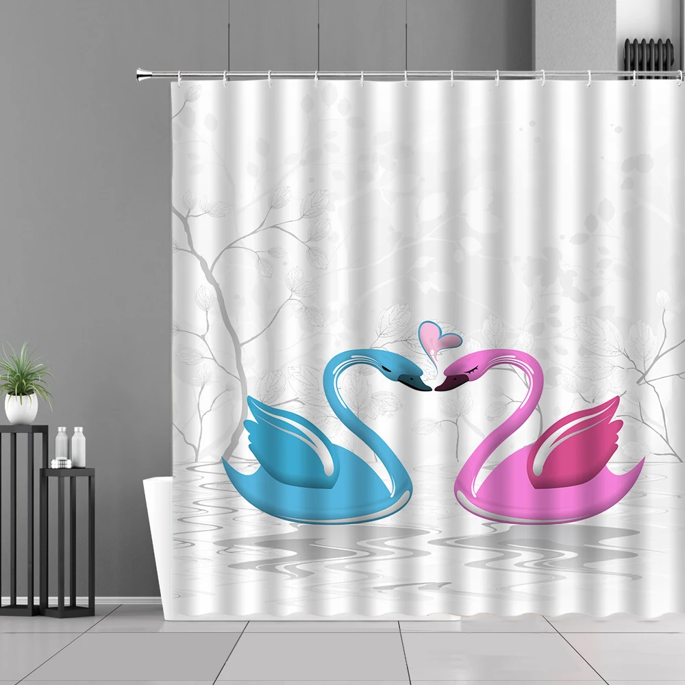 

Cartoon Girl Shower Curtain Blue Pink Swan Flamingo Tropical Plants Animal Summer Scenery Home Bathroom Decor Cloth Curtains