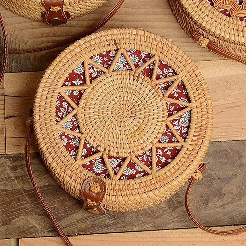Ручная сумка из ротанга круглая плетеная Сумка через плечо Соломенная Сумочка