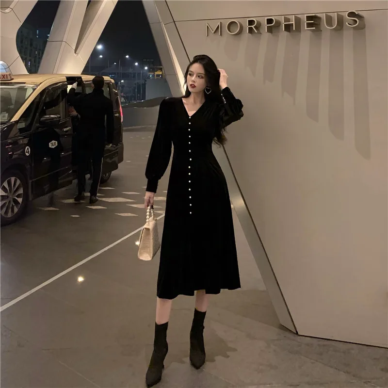 

French Vintage Elegant Dress Women V-neck Chic Puff Sleeve Office Lady Female Style Autumn Women's Clothing