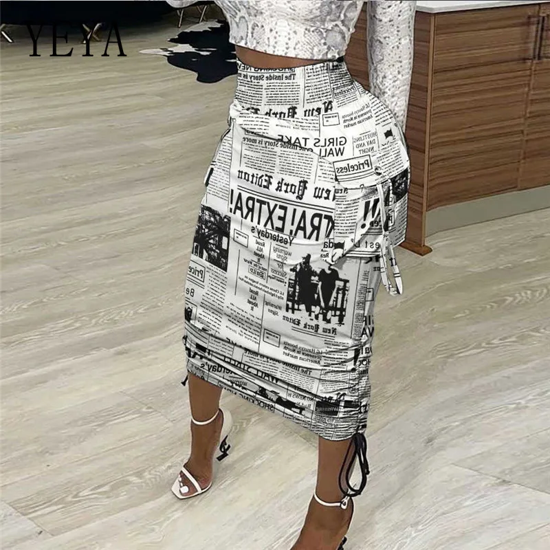 

YEYA Camouflage Newspaper Print Slim Skirts Package Hip Pockets Drawstring Lace Up Bandage Nightclub Party Streetwear Skirt