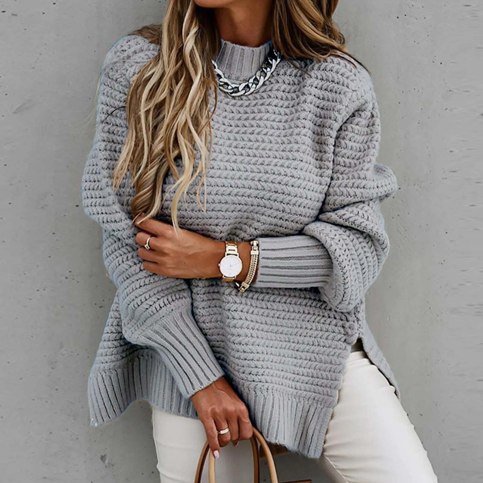 

Autumn Winter Women Sweater New Style Long-Sleeved Half-High Neck Solid Color Thick Tops Drawstring Side Slit Knit Pullover