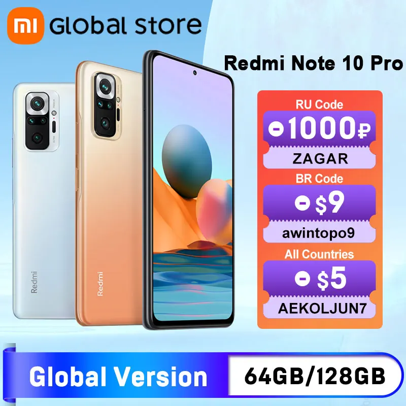 Глобальная версия смартфона Xiaomi Redmi Note 10 Pro 64 Гб/128 ГБ 108MP камера Snapdragon 732G 120Hz AMOLED