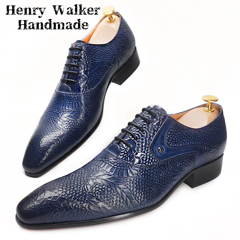 

Elegant Men Genuine Leather Shoes Lace Up Pointed Toe Casual Mens Dress Shoes Wedding Office Floral Prints Oxford Shoes For Men