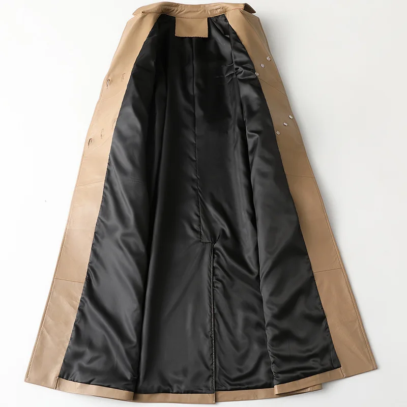 Elegant Women's Khaki Windbreaker High End Spring New Sheepskin Coat with Belt Slim Temperament Long Leather Jacket High Quality