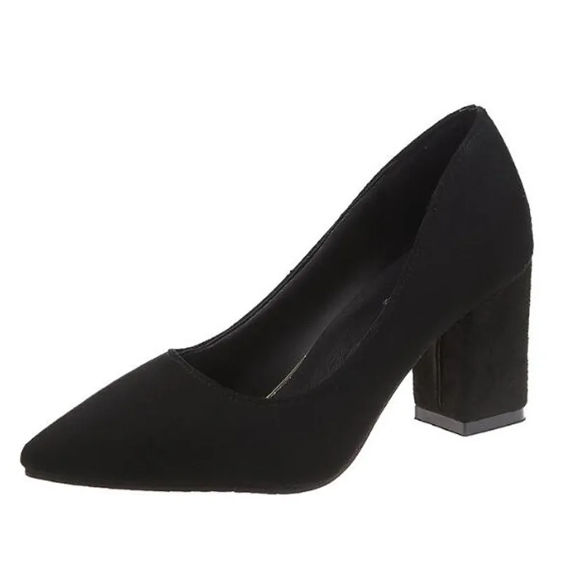 

Women Pumps Brand Thick High Heels Black Flock Slip On 7.5CM Pointed Toe Sexy Party Wedding Office & Career Shallow Women Shoes