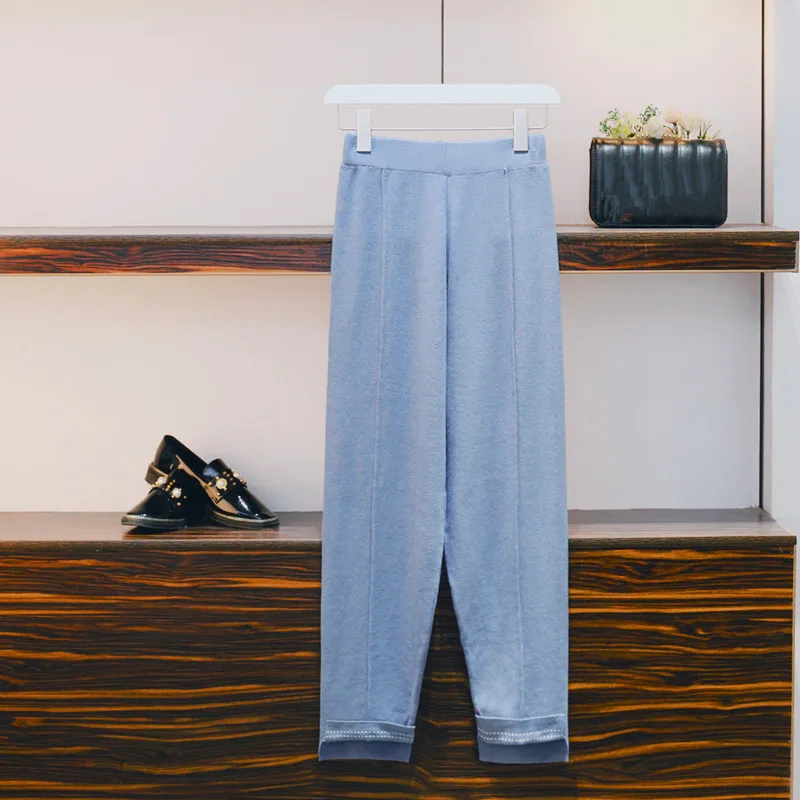 2019 осенние брючные костюмы размера плюс женский комплект 2 шт. синий вязаный