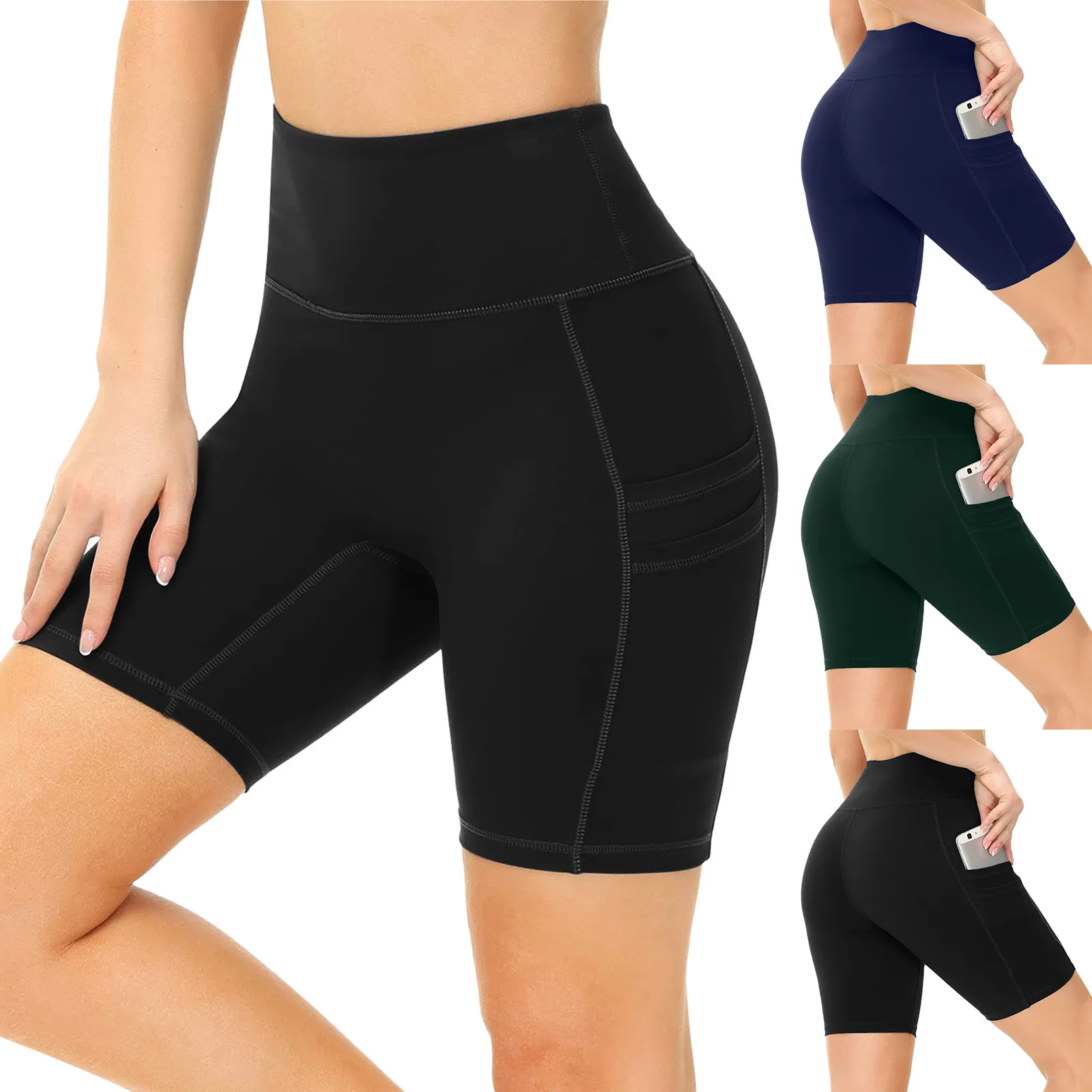 

Sport Shorts Women Slim High Waist Pockets Hip Push Up Shorts Plain Soft Fitness Running Shorts Tummy Control Workout Gym Shorts