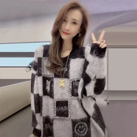 2021 early autumn new plaid long sleeve top grey knitted pullover womens spring and autumn fashion