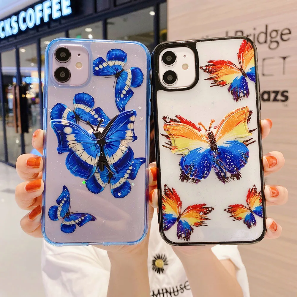 Чехол для телефона с 3D бабочкой и держателем iPhone 12 mini 11 Pro Max XR X 7 8 Plus XS мягкий