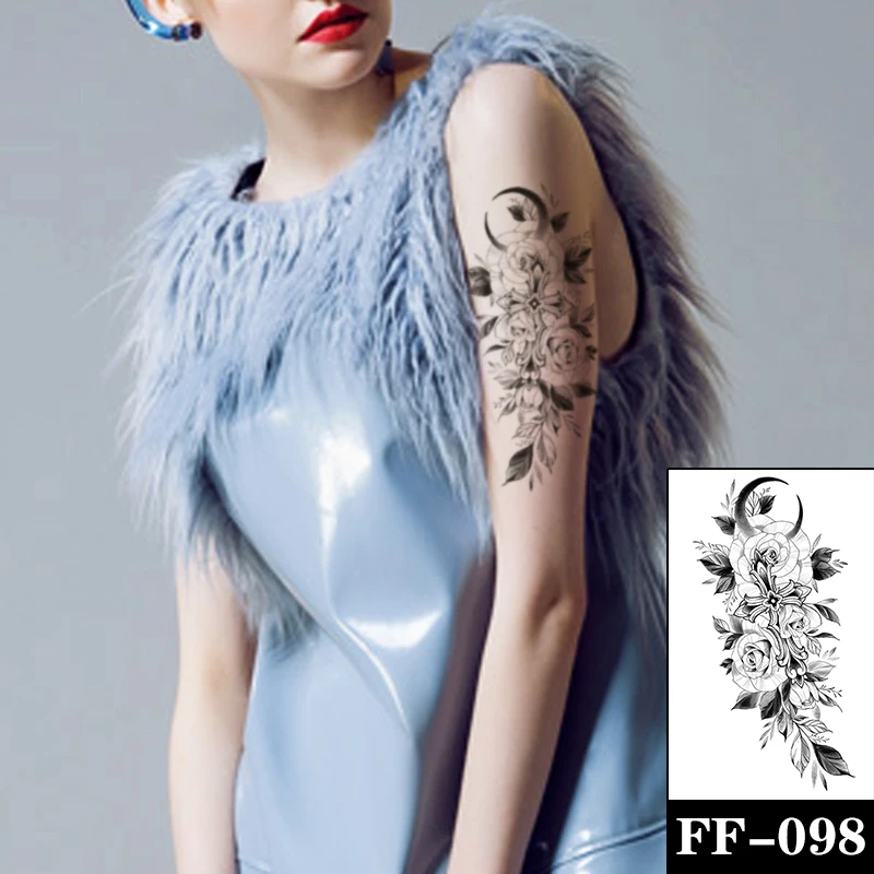 

Temporary Tattoo Sticker Cross Moon Flower Roses Peony Sketches Tattoo Designs Sexy Girls Model Tattoos Arm Leg Black Stickers