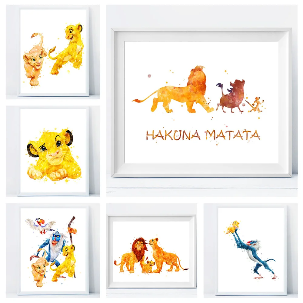 

Watercolor Disney Lion King Canvas Painting Cartoon Animal Character Poster Modern Wall Decoration Bedroom Home Decoration