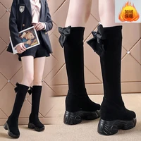 short booty girl inside raised thick soled slope heel but knee suede thigh back bow of middle thigh elastic women boots