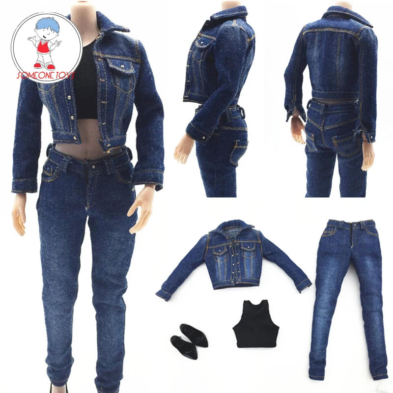 Масштаб 1/6 крутые женские синие джинсы куртка брюки с обувью набор для 12-дюймовых