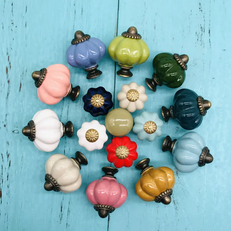 1 шт. разноцветные Круглые керамические ручки для шкафа и мебели в виде тыквы