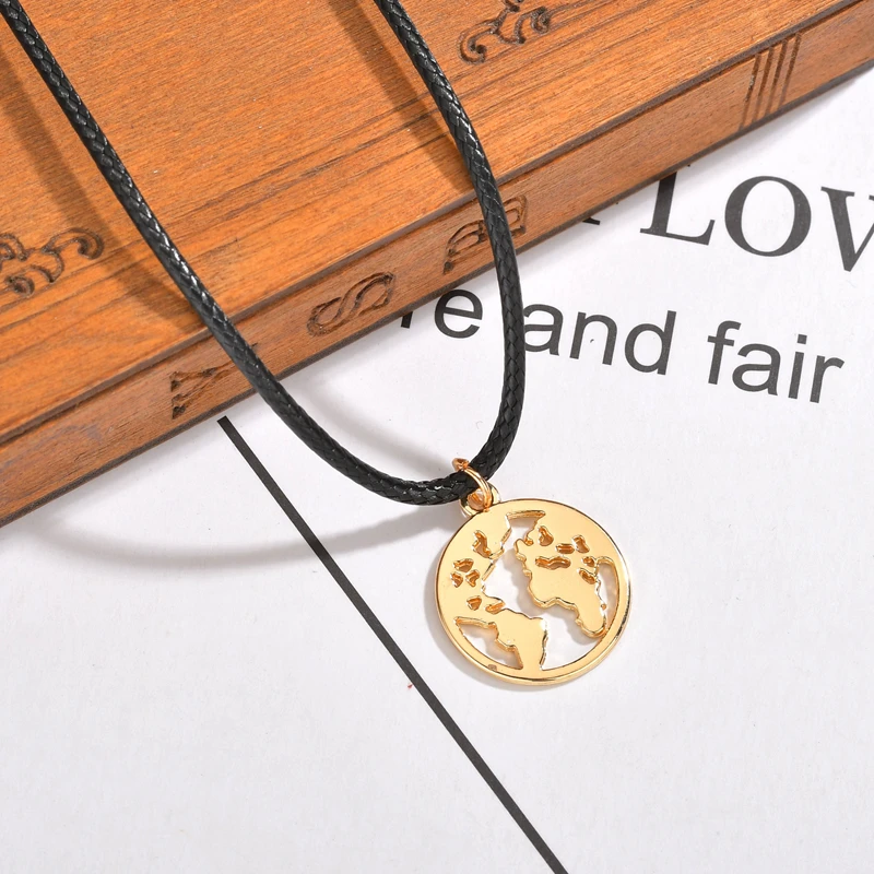 Модная круглая подвеска с картой мира длинная цепочка ожерелье черная кожаная