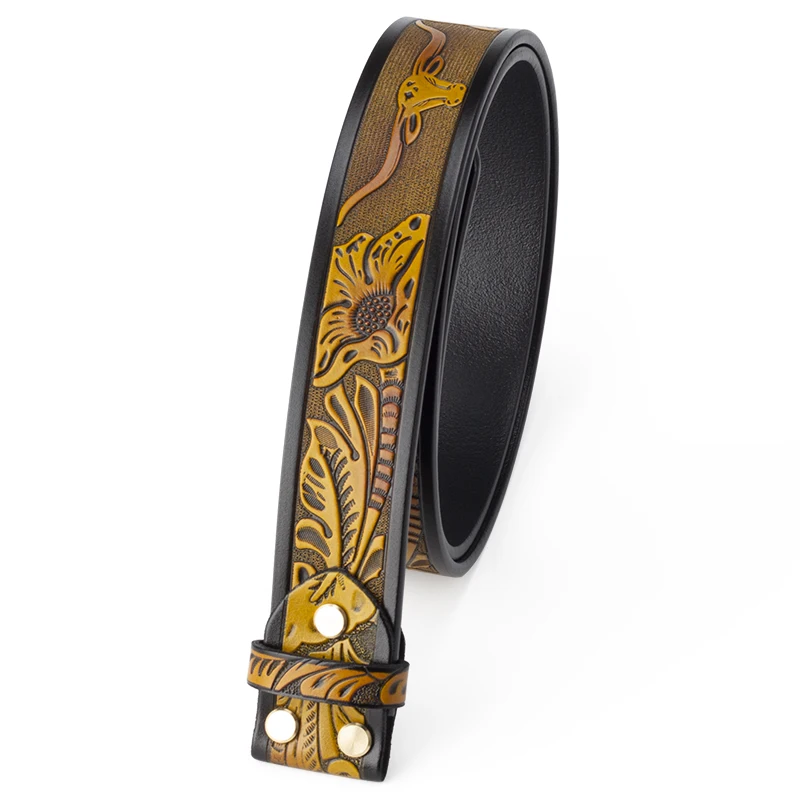 Genuine Leather Belt Man No Buckle 3.8cm Width Cowskin Tang Grass Pattern Cow Eagle