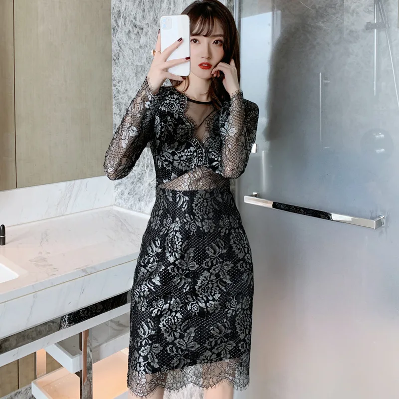 Robe en maille transparente pour femmes, nouvelle collection, début d'automne, sexy, transparente, slim, hanche, dentelle, bureau, dentelle, Polyester