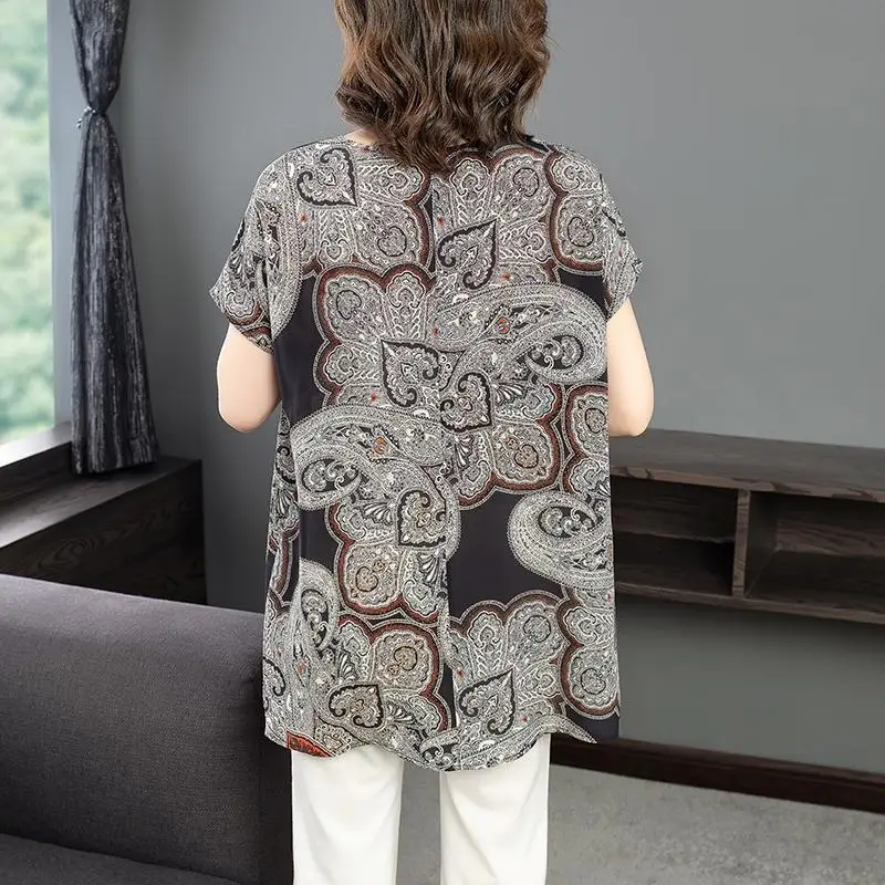 

Imitation silk top women's short-sleeved summer style fashion printing temperament western style loose shirt