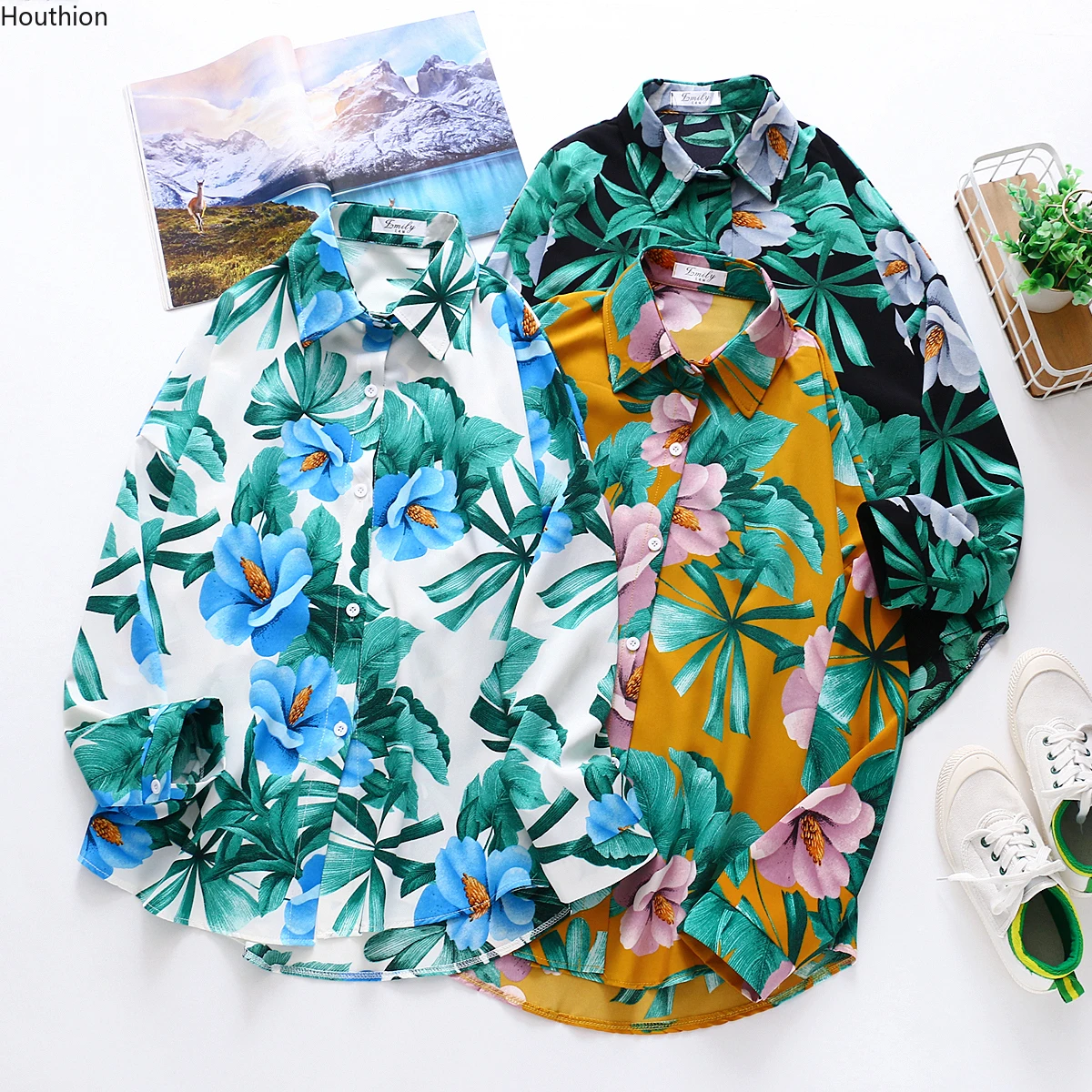 

Women's Blouses Chiffon Polo Shirts Casual Shirt Plus Size Loose Top Print Tops New Long Sleeve Summer Lady Blouse Houthion