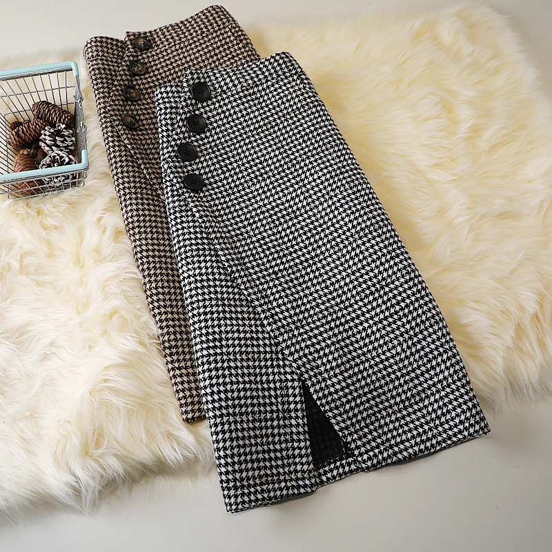 

Houndstooth-breasted woolen mid-length skirt winter new high-waist retro skirt thick woolen