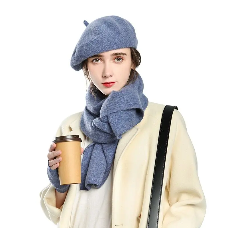 

New Autumn and Winter Gloves, Hats and Scarves One-piece Three-piece Beret Solid Color Wild