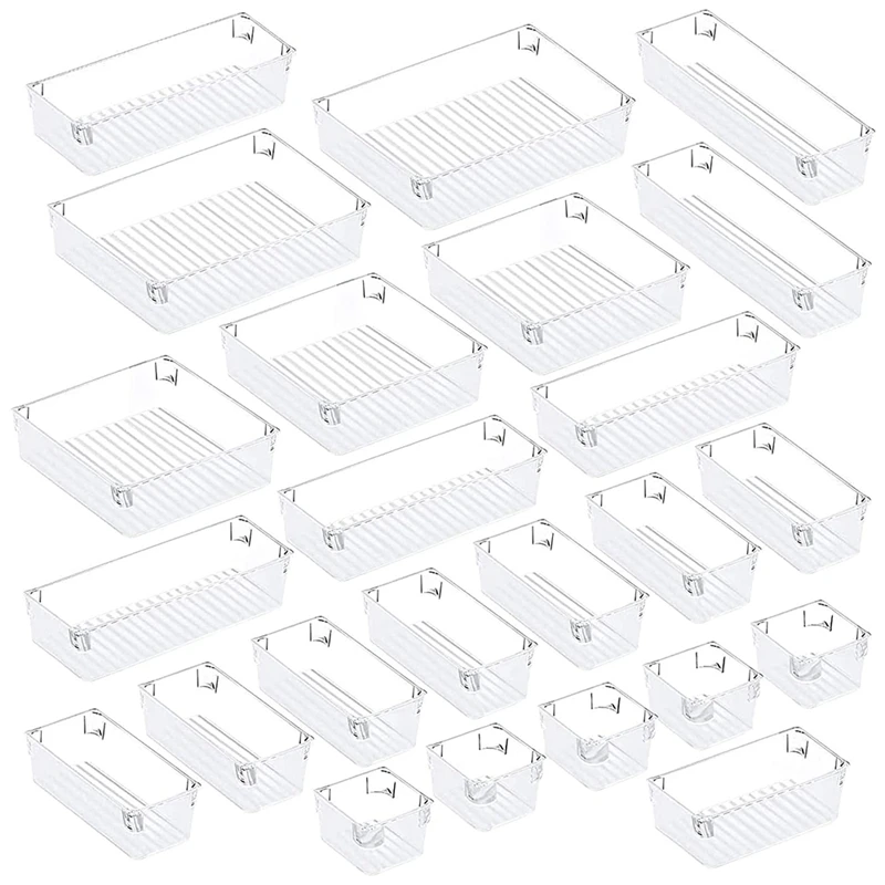 

24Pcs Desk Drawer Organizer Set 5-Size Versatile Vanity and Desk Drawer Storage Bins, Clear Drawer Organizer Trays