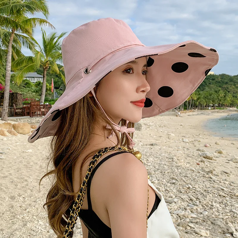 

Dots Printing Foldable Bucket Hat Beige Black Solid Double-side Sunhats Large Brim Soft Cotton Beach Cap Big Panama Caps Summer
