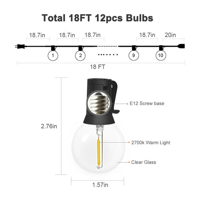 18FT 12LED Наружный светодиодный светильник, водонепроницаемый IP65, 18 футов/25 футов, G40, глобус, светодиодный лампочка накаливания для патио, сада, крыльца, двора, рождественской вечеринки - Испускаемый цвет: 18FT 12LED