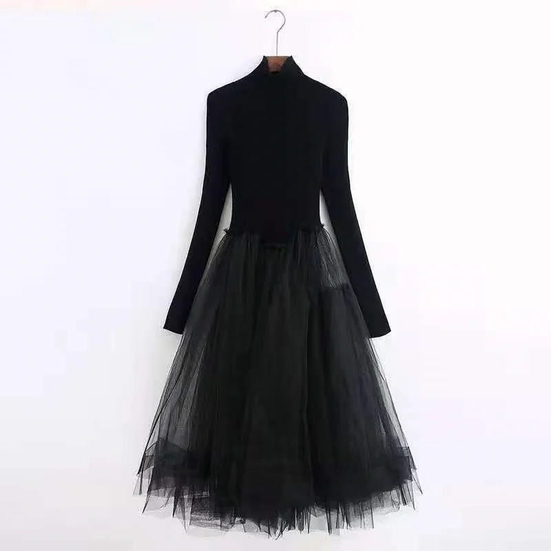 

Dress Turtleneck Sweater 2021 Autumn Winter Casual Knitwear Women Sexy Tulle Mesh Patchwork Long Sleeve Black Grey Knitted Dress