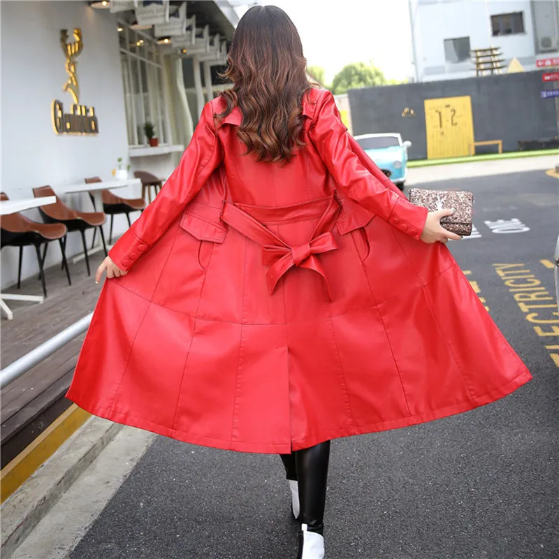 Женская Длинная кожаная куртка черная красная болотная зеленая | одежда