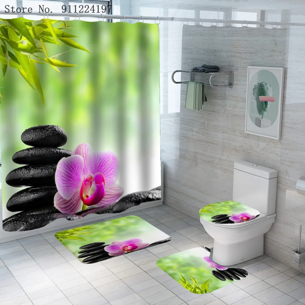 

3D Bamboo Running Water Green Plant Printing Bath Curtain Toilet Cover Bath Mat 4 Piece Waterproof Shower Curtain With Hooks