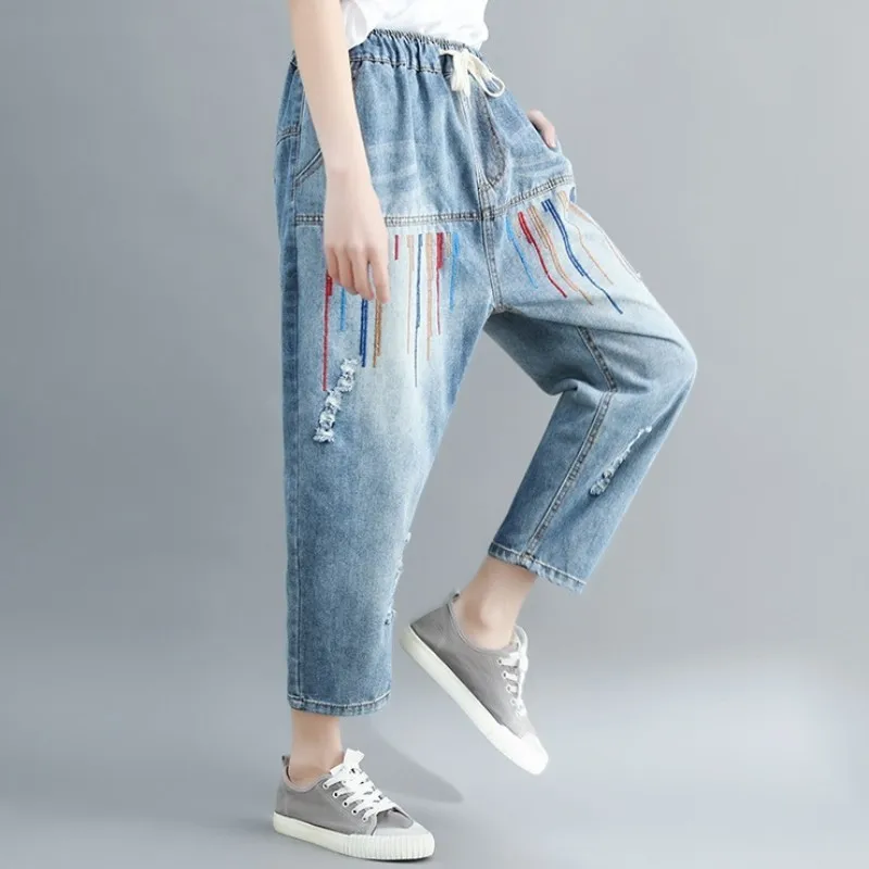 Новинка 2020 осенние женские свободные хлопковые джинсы с вышивкой винтажные