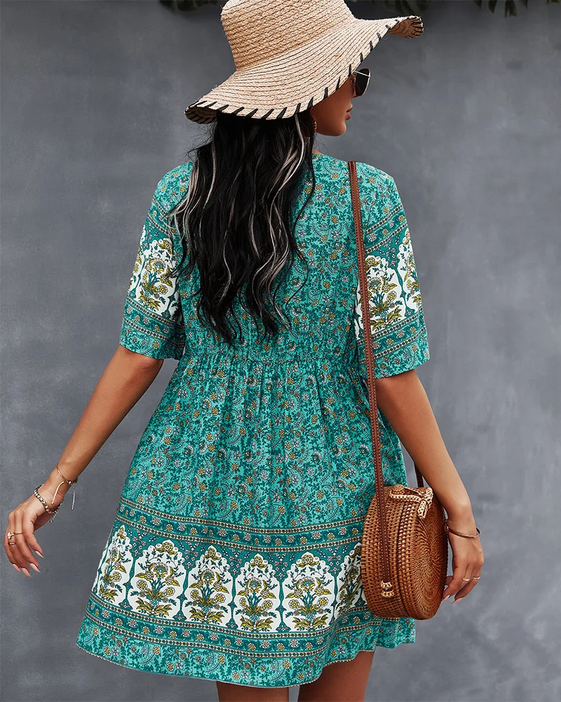 

2021 Summer Print Short Dress Women Casual V Neck Bohemian Short Sleeve Dress for Woman Fashion Sexy Pockets Vintage Beach Dress