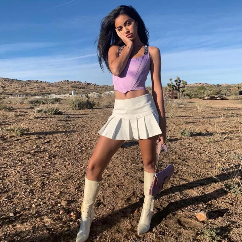 

FAKUNTN Women Fashion Summer Sexy High Waist Pleated Skirt Streetwear White Above Knee Mini Short Ball Gown Casual Sport Skirt