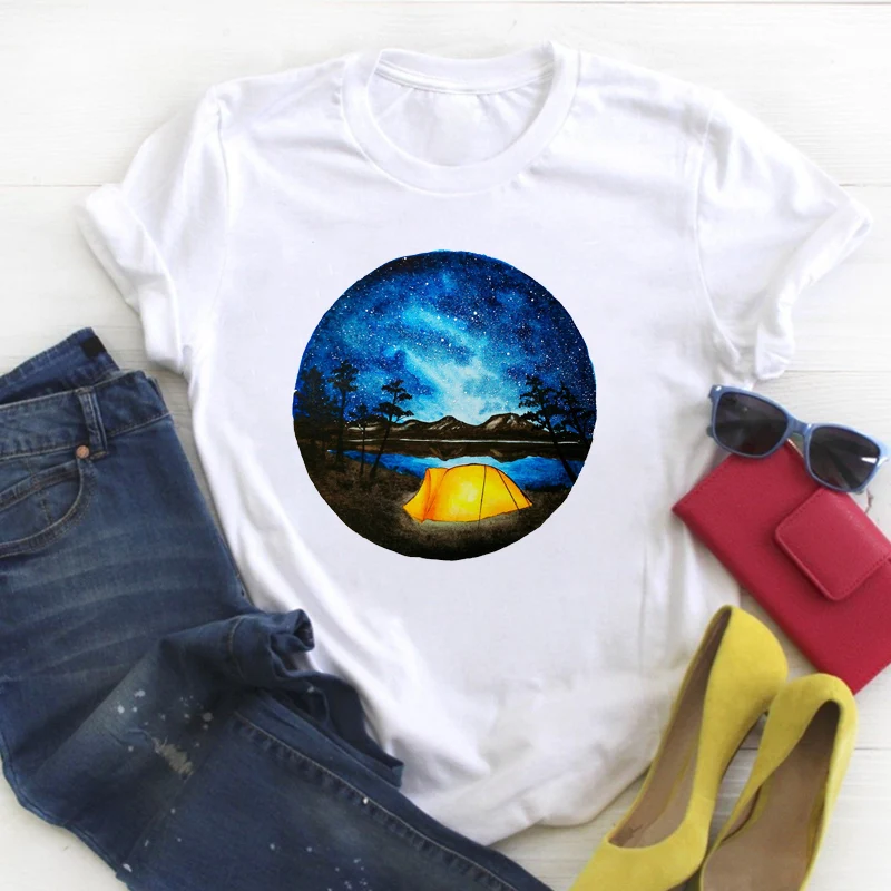 

Women Cartoon Moon Star Night Print Cute Fashion Summer T Tee Ladies Female Top Shirt Clothes Tshirt Womens Graphic T-shirt