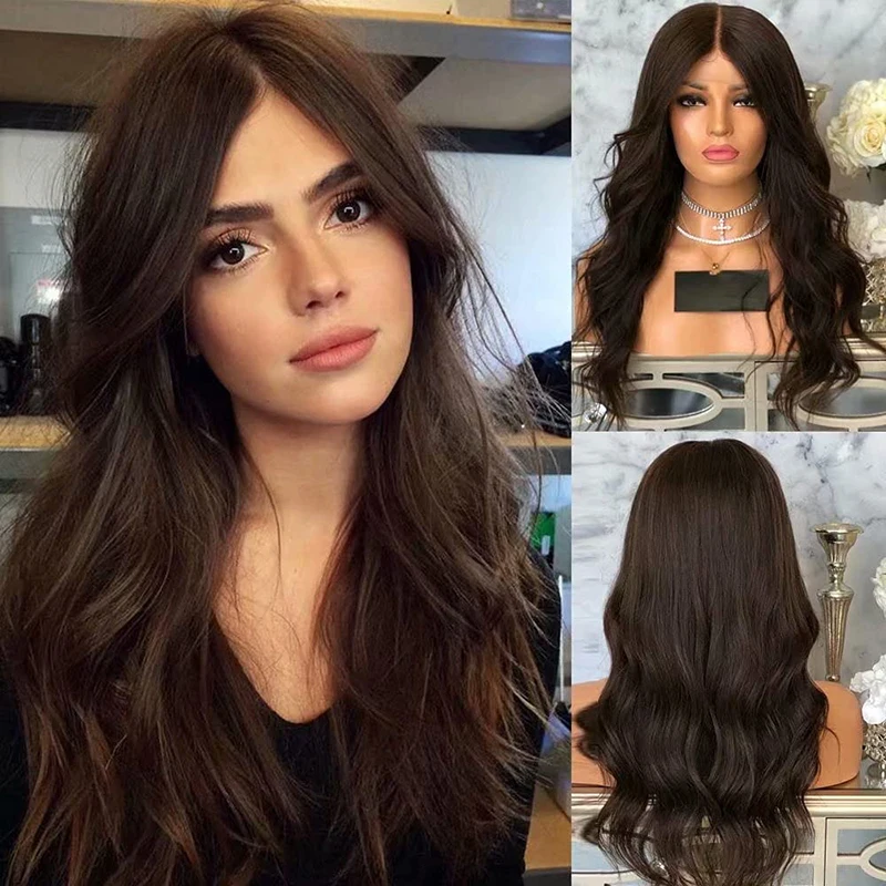 

AIMEYA Brown Long Wavy Wig for Women Dark Brown Middle Part Lace Front Wig Pre Plucked 150% Density Cosplay Daily Wear Wig