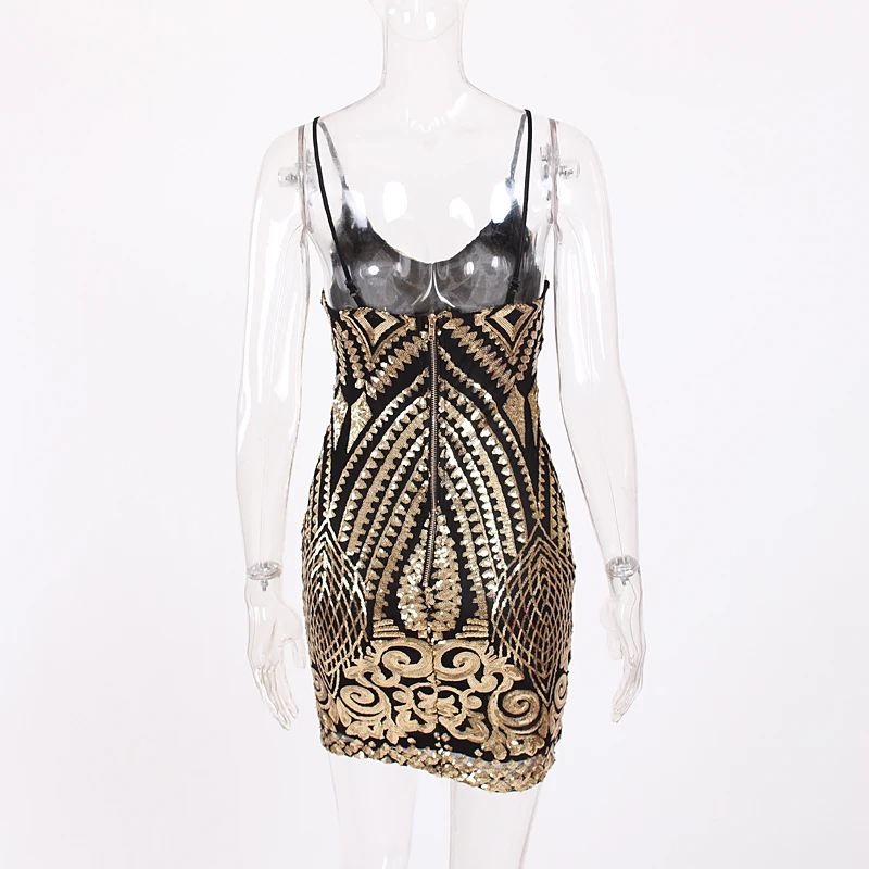 Сексуальное мини платье с открытой спиной и золотыми блестками без рукавов