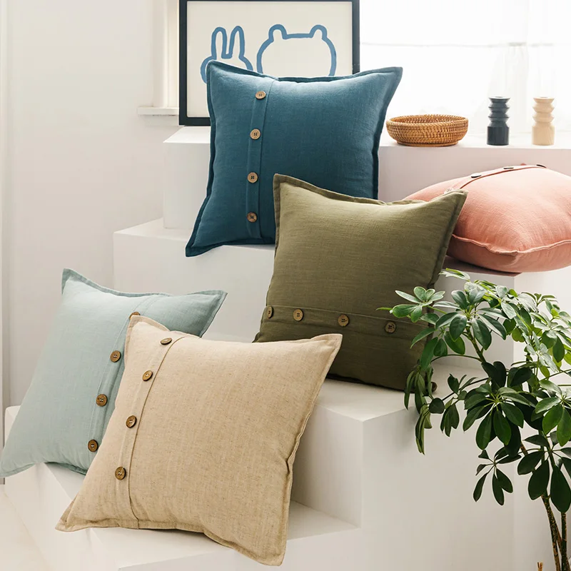 

Solid Cotton Linen Cushion Cover 45x45cm Pink Blue Green Beige For Couch Bed Home decoration Pillow Cover Coconut Button