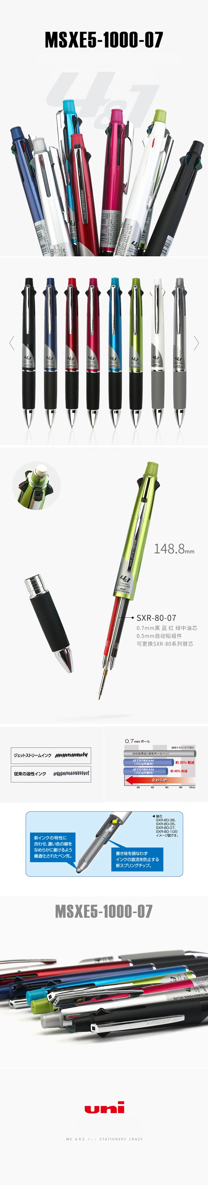 Одна деталь Uni MSXE5-1000-05 Jetstream 4& 1 4 цвета 0,5 мм 0,7 мм шариковая мульти ручка(черный, синий, красный, зеленый)+ 0,5 мм карандаш