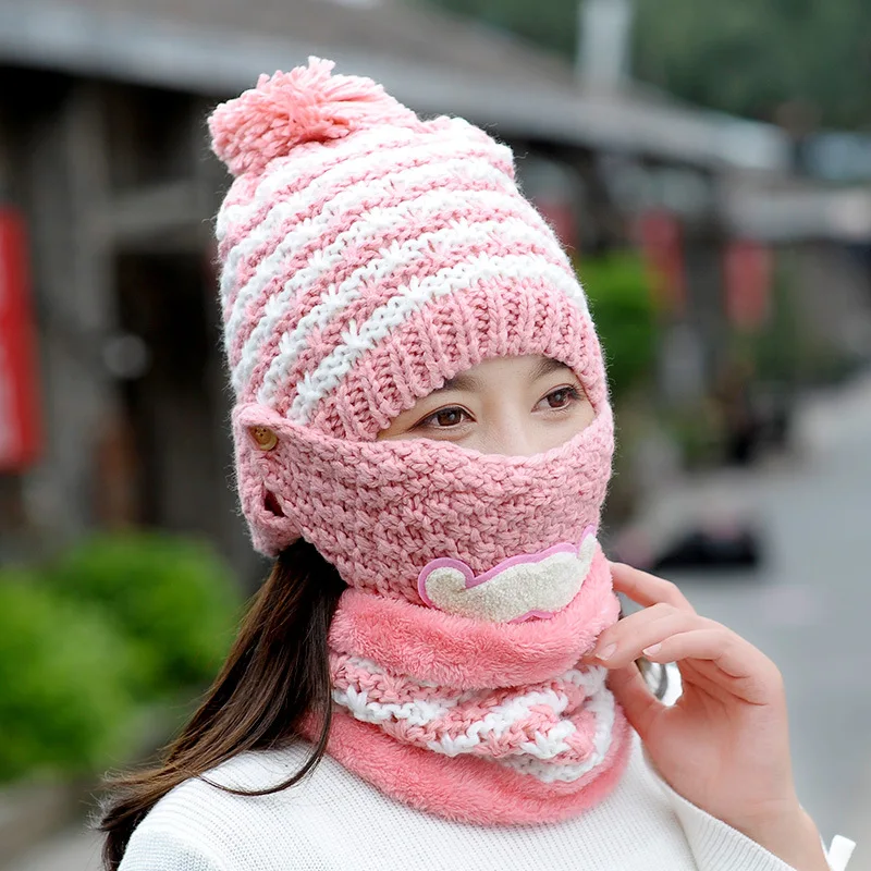 Sparsil Женский вязаный 3 шт маска шапка шарф Набор осень зима уличная Теплая Флисовая внутри с капюшоном наушники с бусинами головной убор