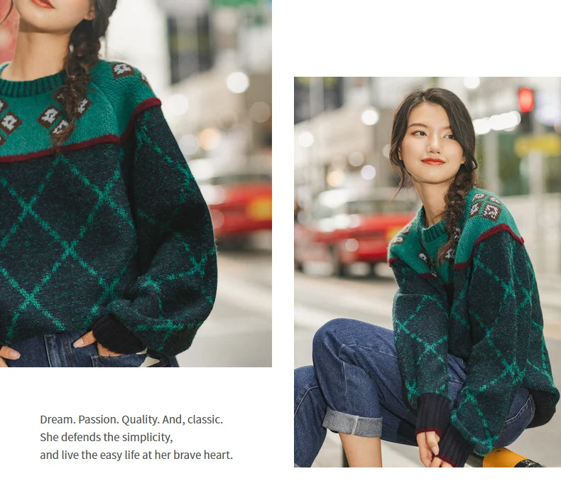 INMAN Winter New Arrival Literary O-neck Jacquard Contrast Color Thick Loose Women Pullover