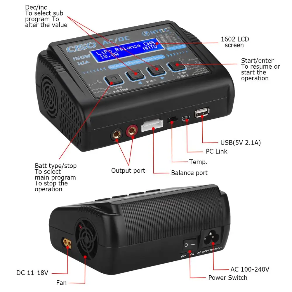 HTRC C150 lipo зарядное устройство AC/DC 150 Вт 10A RC батарея баланс смарт для LiPo LiHV жизнь Lilon