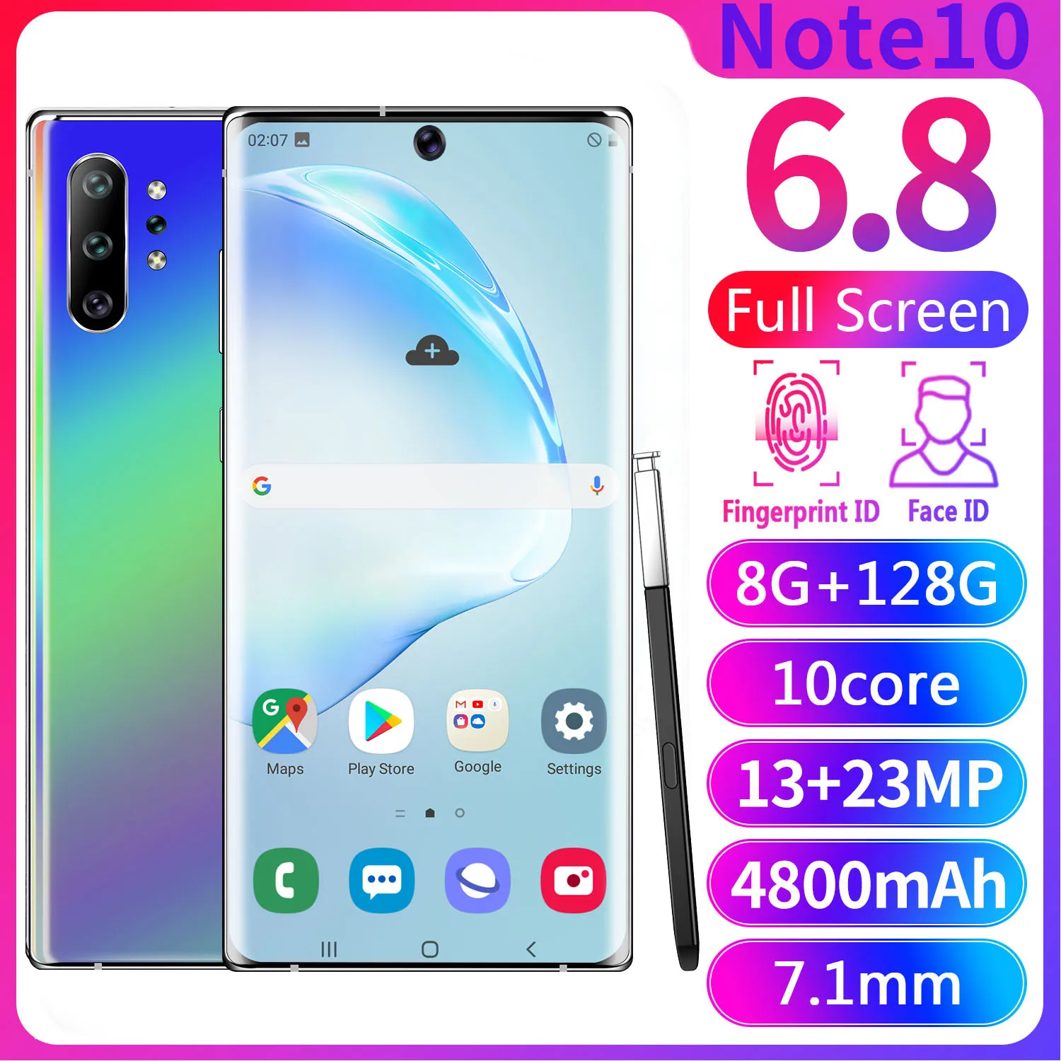 

NOTE10 + 6.5 Inch Mobile Phone 13+23MP Face ID MTK6595 Smart Phones 8GB+256GB ROM 4800mAh Celular Teléfono Móvil Resistente